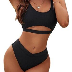 Blooming Jelly Womens Cheeky High Cut Cutout High Waisted 2 Piece Bathing Suit